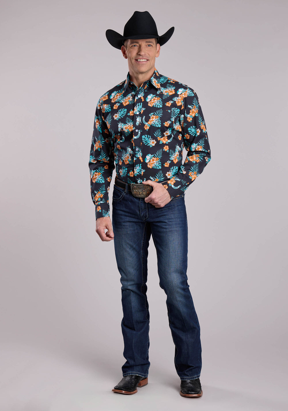 MENS ROPER HAWAIIAN PRINT LONG SLEEVE SNAP SHIRT