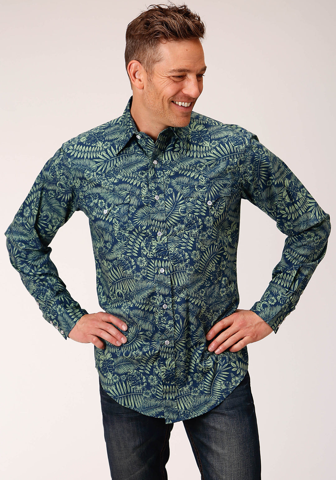 MENS LONG SLEEVE SNAP LUCKY TROPICAL PRINT WESTERN SHIRT
