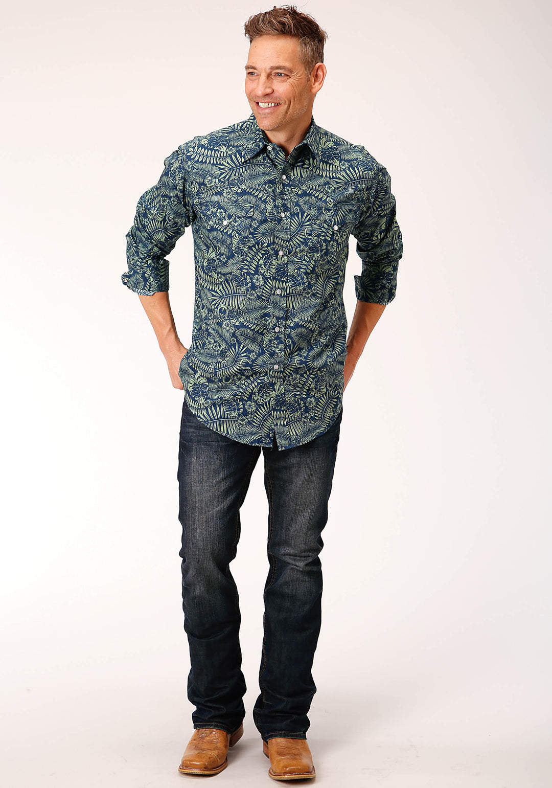 MENS LONG SLEEVE SNAP LUCKY TROPICAL PRINT WESTERN SHIRT