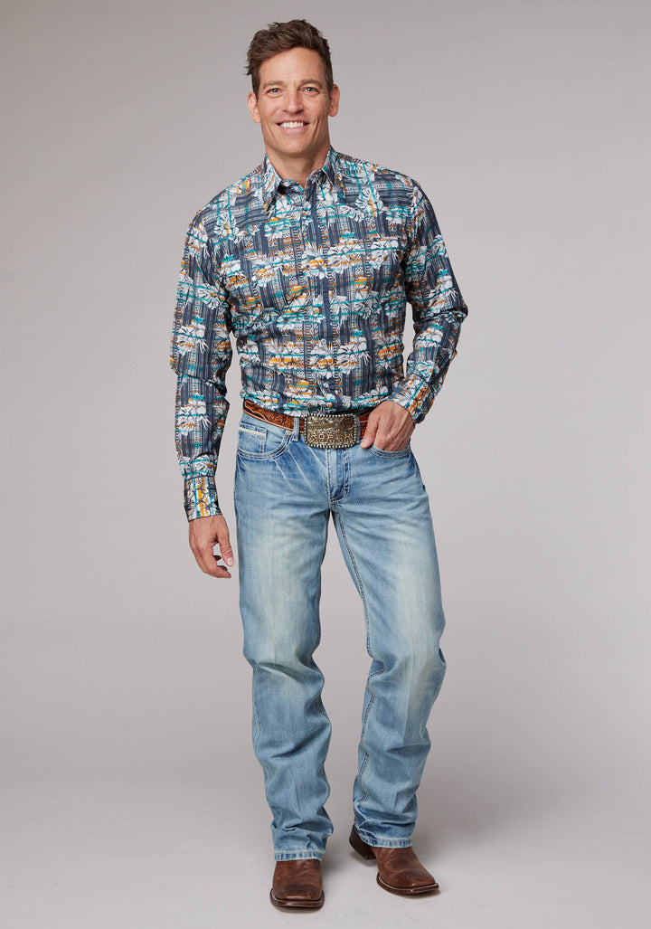 MENS LONG SLEEVE SNAP DISTRESSED TROPICAL PRINT WESTERN SHIRT