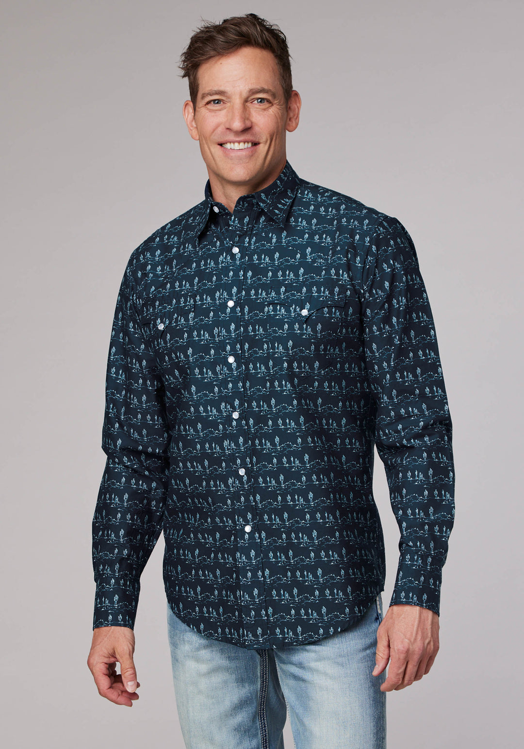 MENS DESERT STRIPE PRINT LONG SLEEVE SNAP WESTERN SHIRT