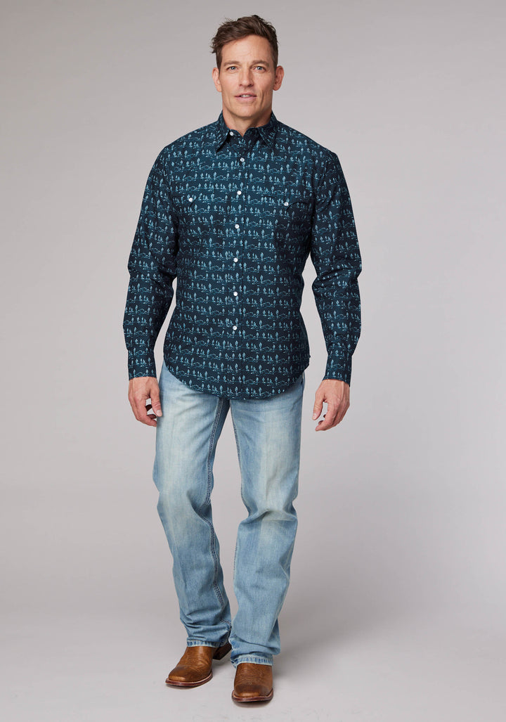 MENS DESERT STRIPE PRINT LONG SLEEVE SNAP WESTERN SHIRT