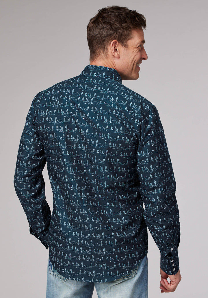MENS DESERT STRIPE PRINT LONG SLEEVE SNAP WESTERN SHIRT