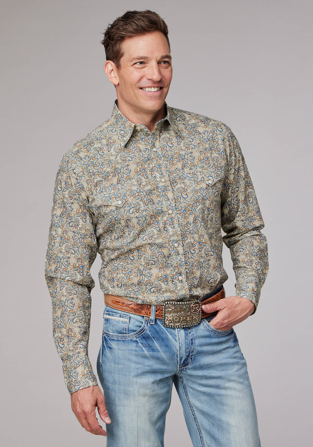 MENS SKETCHY PAISLEY PRINT LONG SLEEVE SNAP WESTERN SHIRT