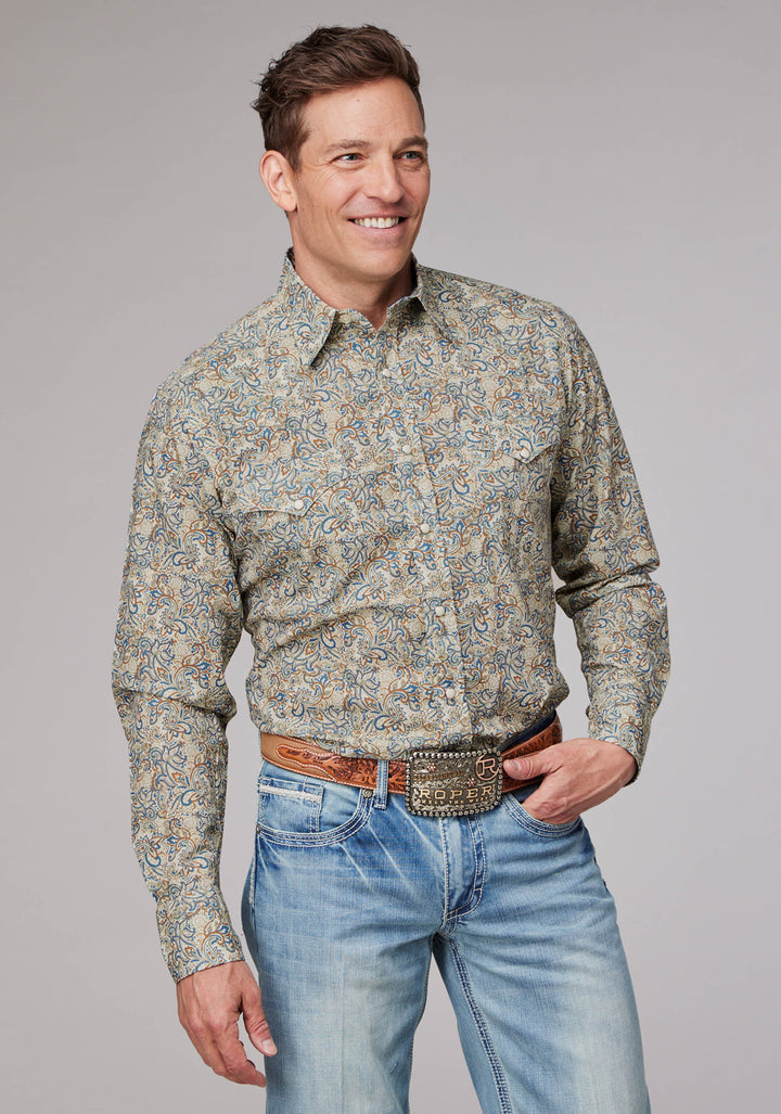 MENS SKETCHY PAISLEY PRINT LONG SLEEVE SNAP WESTERN SHIRT