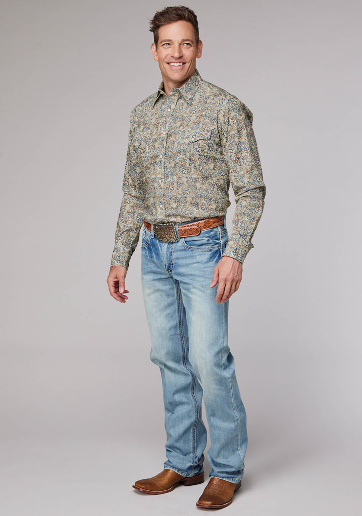 MENS SKETCHY PAISLEY PRINT LONG SLEEVE SNAP WESTERN SHIRT