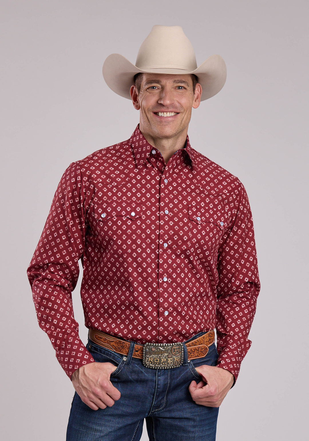 MENS ROPER DISTRESSED AZTEC TILE PRINT LONG SLEEVE SNAP SHIRT