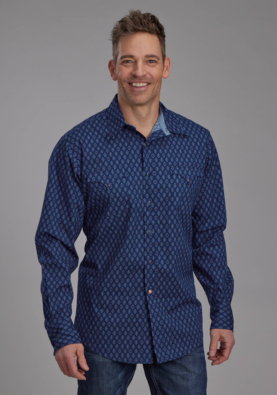 MENS AZTECS PRINT LONG SLEEVE SNAP WESTERN SHIRT