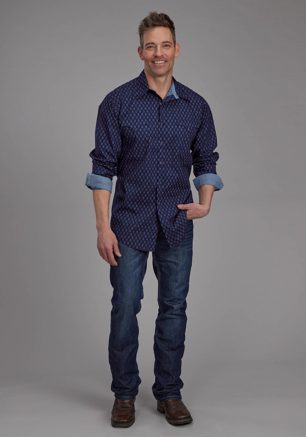 MENS AZTECS PRINT LONG SLEEVE SNAP WESTERN SHIRT
