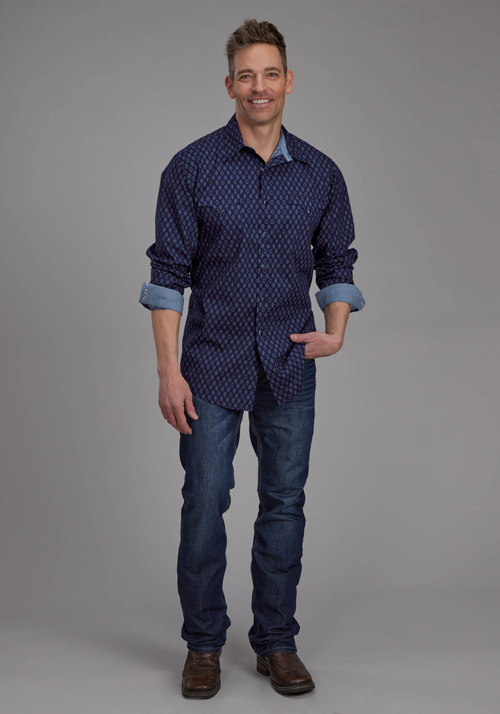 MENS AZTECS PRINT LONG SLEEVE SNAP WESTERN SHIRT