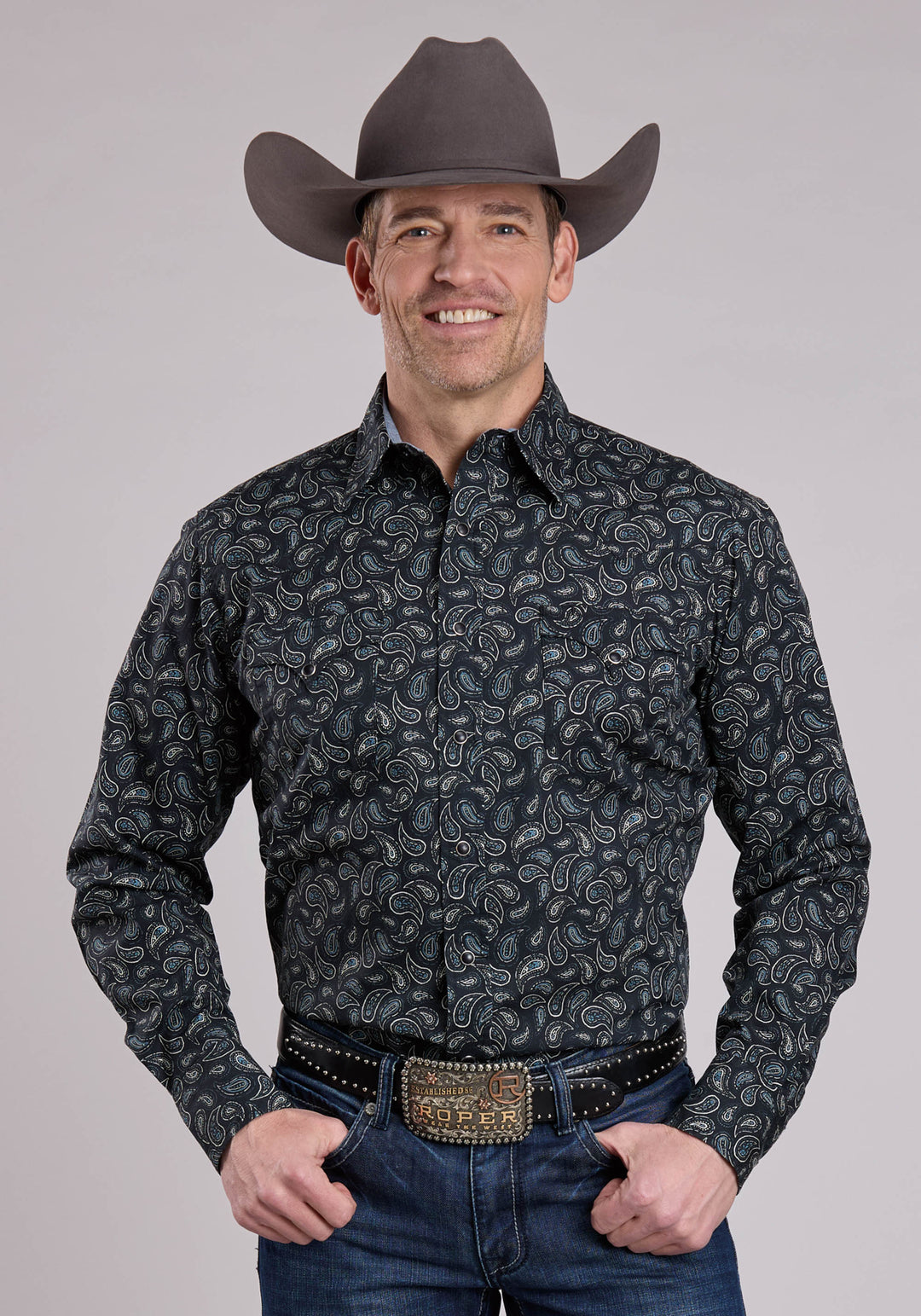 MENS LONG SLEEVE SNAP PAISLEY STAMPS WESTERN SHIRT