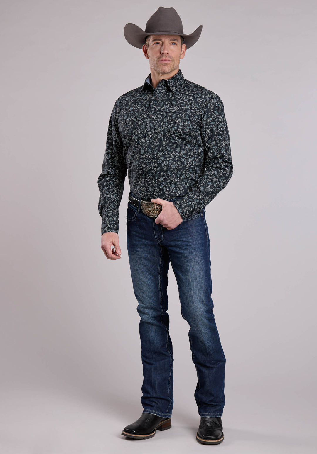 MENS LONG SLEEVE SNAP PAISLEY STAMPS WESTERN SHIRT