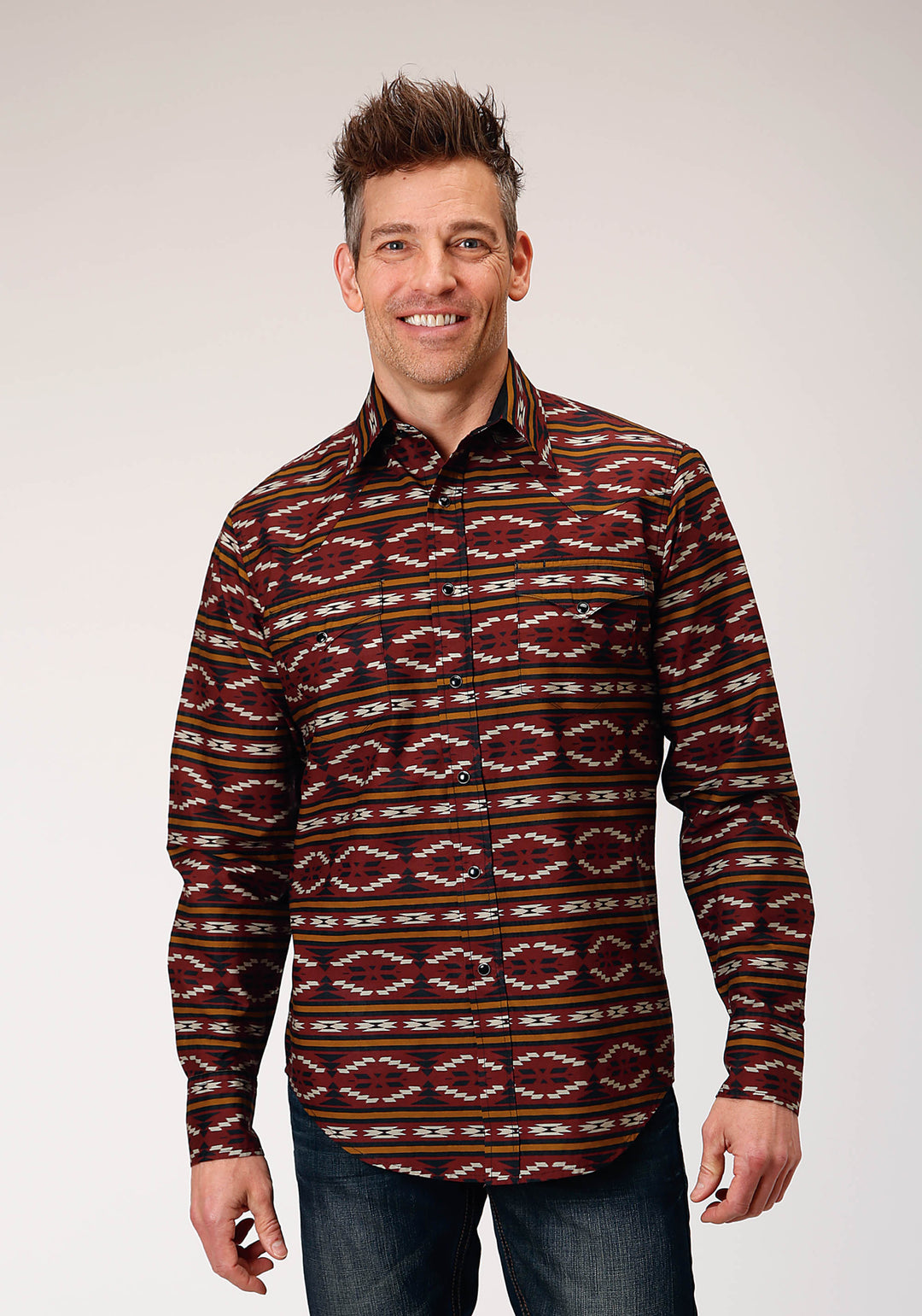 MENS LONG SLEEVE SNAP RED AZTEC HORIZONTAL STRIPE WESTERN SHIRT