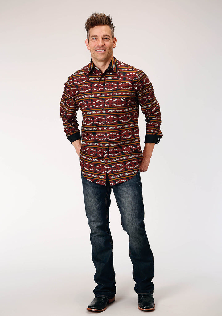 MENS LONG SLEEVE SNAP RED AZTEC HORIZONTAL STRIPE WESTERN SHIRT