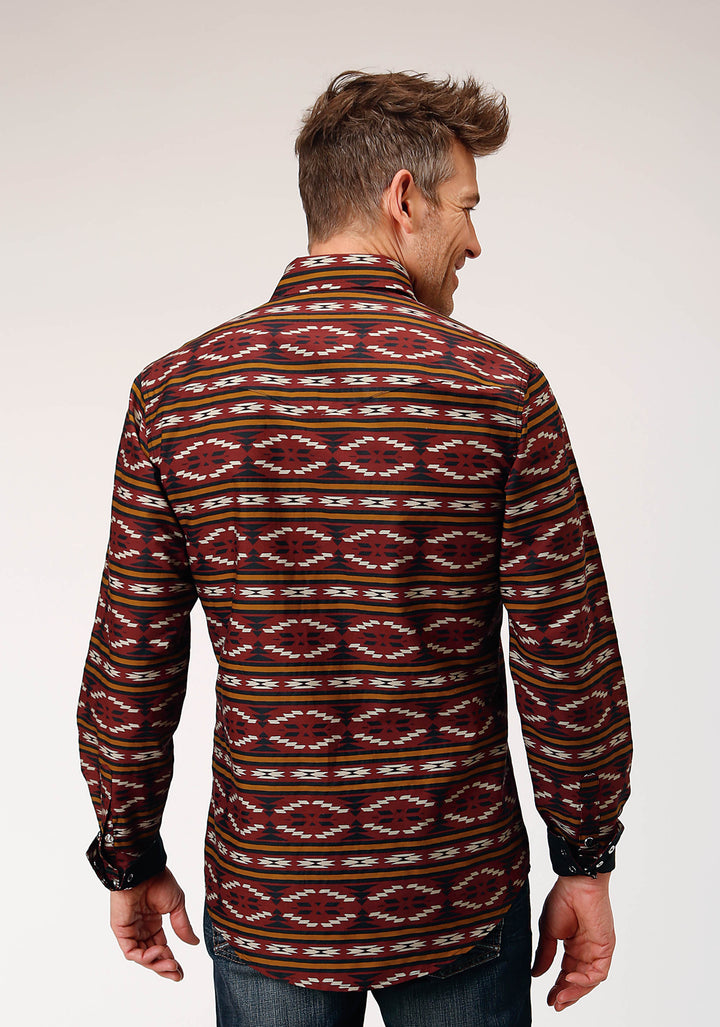 MENS LONG SLEEVE SNAP RED AZTEC HORIZONTAL STRIPE WESTERN SHIRT