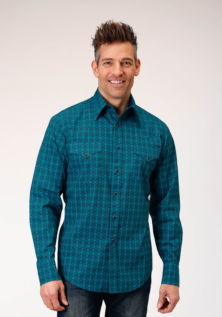 MENS LONG SLEEVE SNAP TILES PRINT WESTERN SHIRT