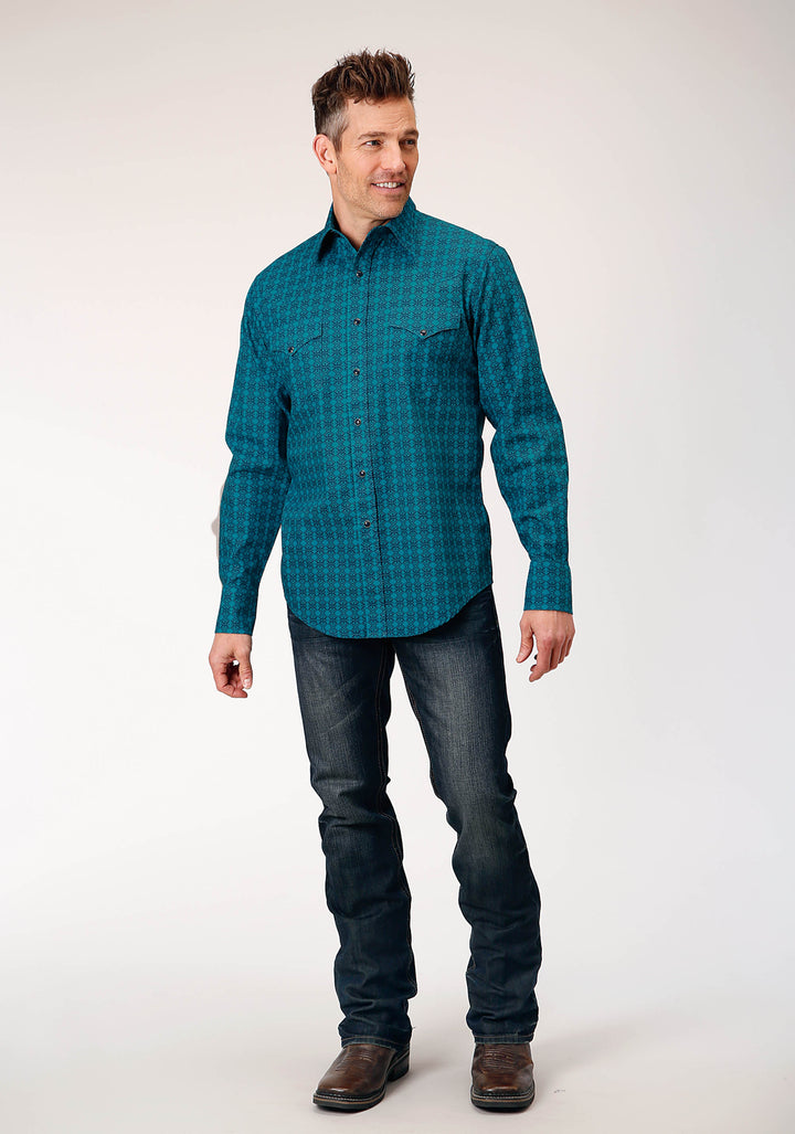 MENS LONG SLEEVE SNAP TILES PRINT WESTERN SHIRT