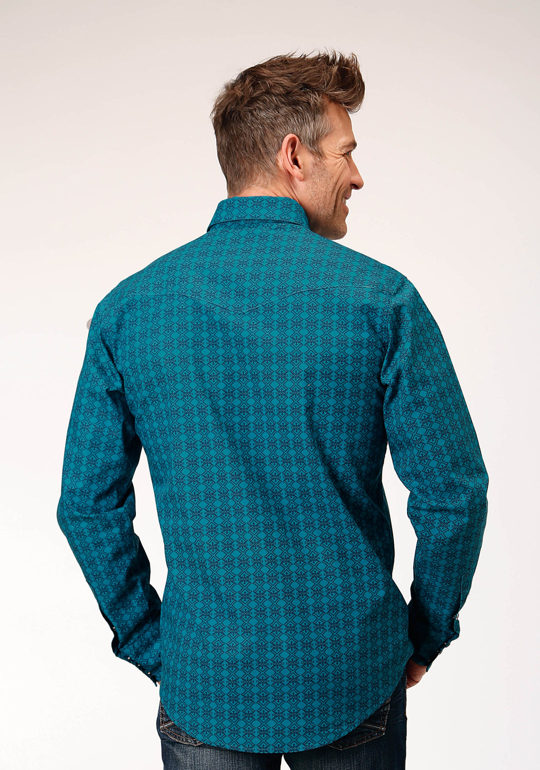 MENS LONG SLEEVE SNAP TILES PRINT WESTERN SHIRT