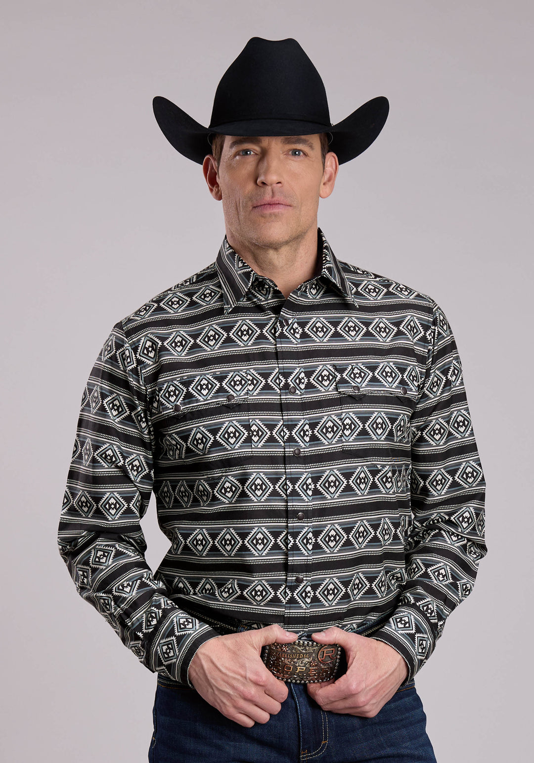MENS LONG SLEEVE SNAP AZTEC STRIPE WESTERN SHIRT