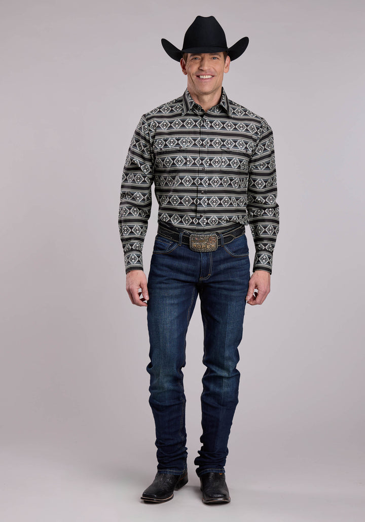 MENS LONG SLEEVE SNAP AZTEC STRIPE WESTERN SHIRT