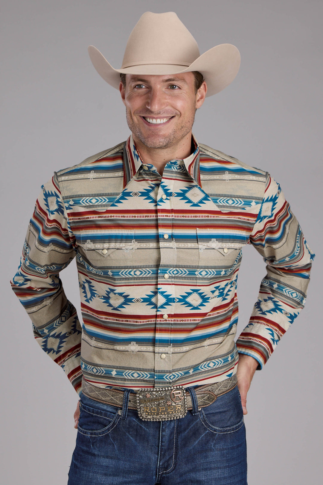 MENS HORIZONTAL AZTEC BLANKET PRINT LONG SLEEVE SNAP WESTERN SHIRT