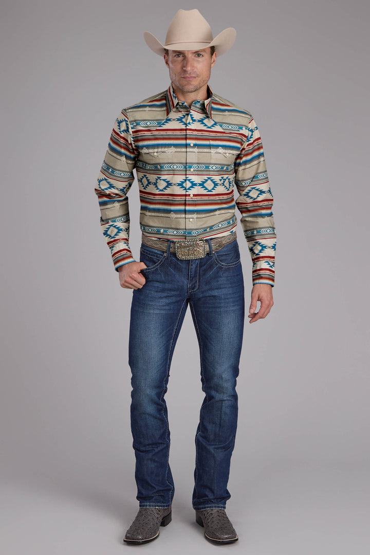 MENS HORIZONTAL AZTEC BLANKET PRINT LONG SLEEVE SNAP WESTERN SHIRT