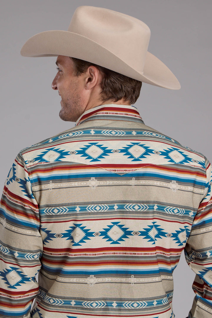 MENS HORIZONTAL AZTEC BLANKET PRINT LONG SLEEVE SNAP WESTERN SHIRT