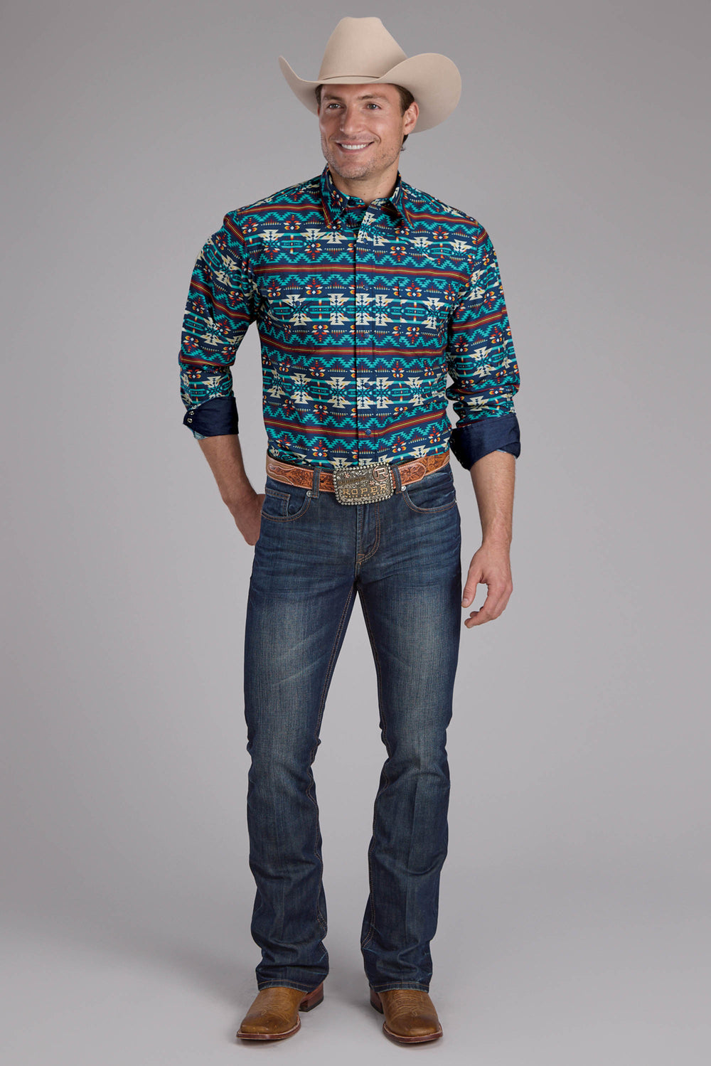 MENS ROPER HORIZONTAL NAVAJO AZTEC PRINT LONG SLEEVE SNAP SHIRT