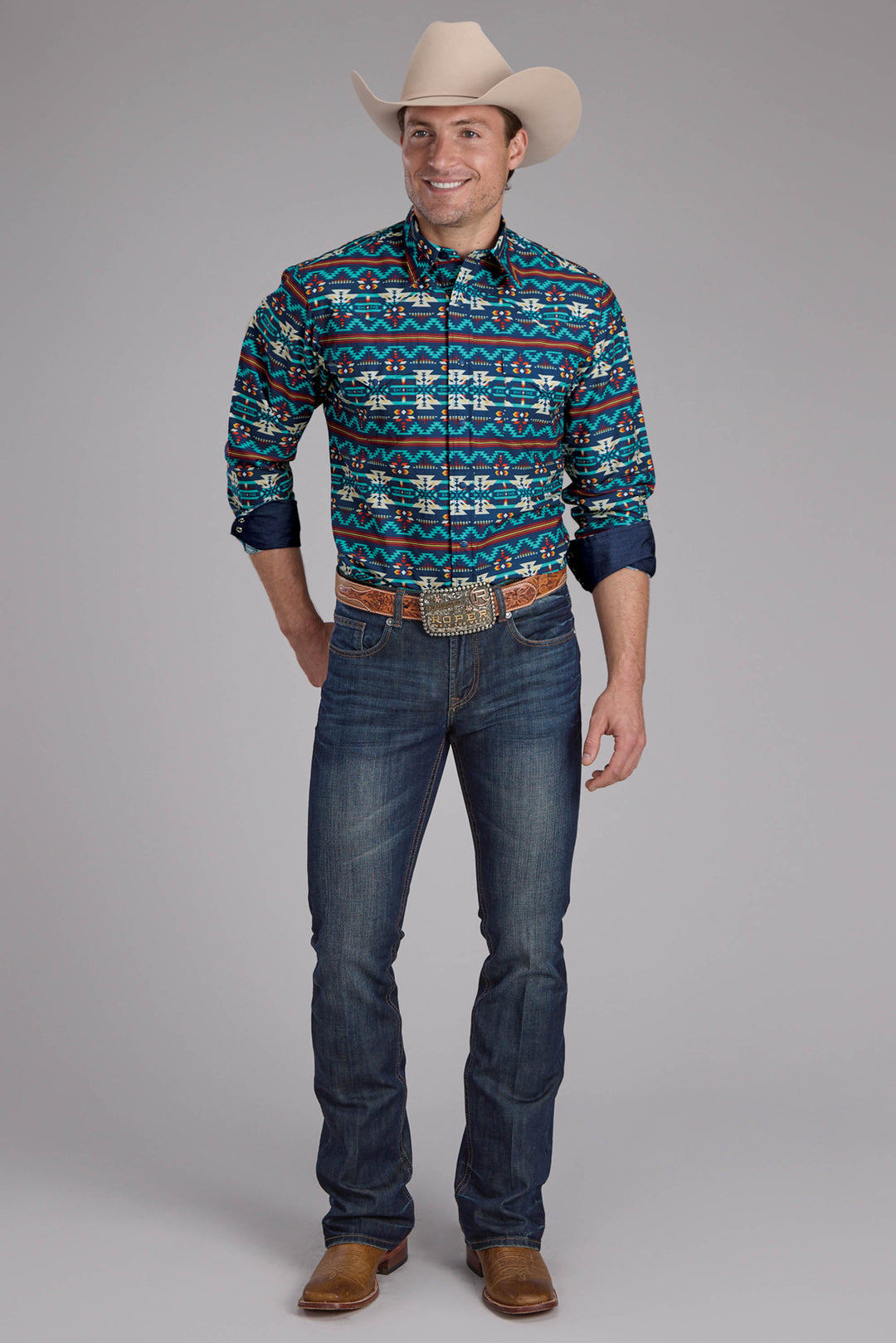 MENS ROPER HORIZONTAL NAVAJO AZTEC PRINT LONG SLEEVE SNAP SHIRT