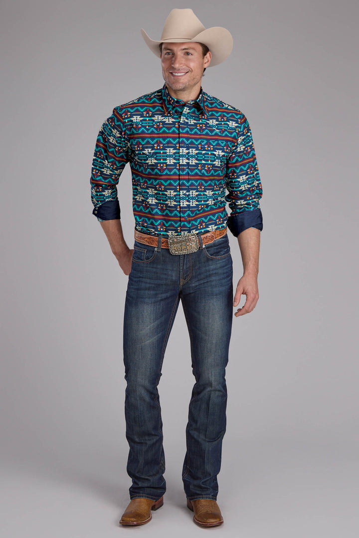MENS ROPER HORIZONTAL NAVAJO AZTEC PRINT LONG SLEEVE SNAP SHIRT