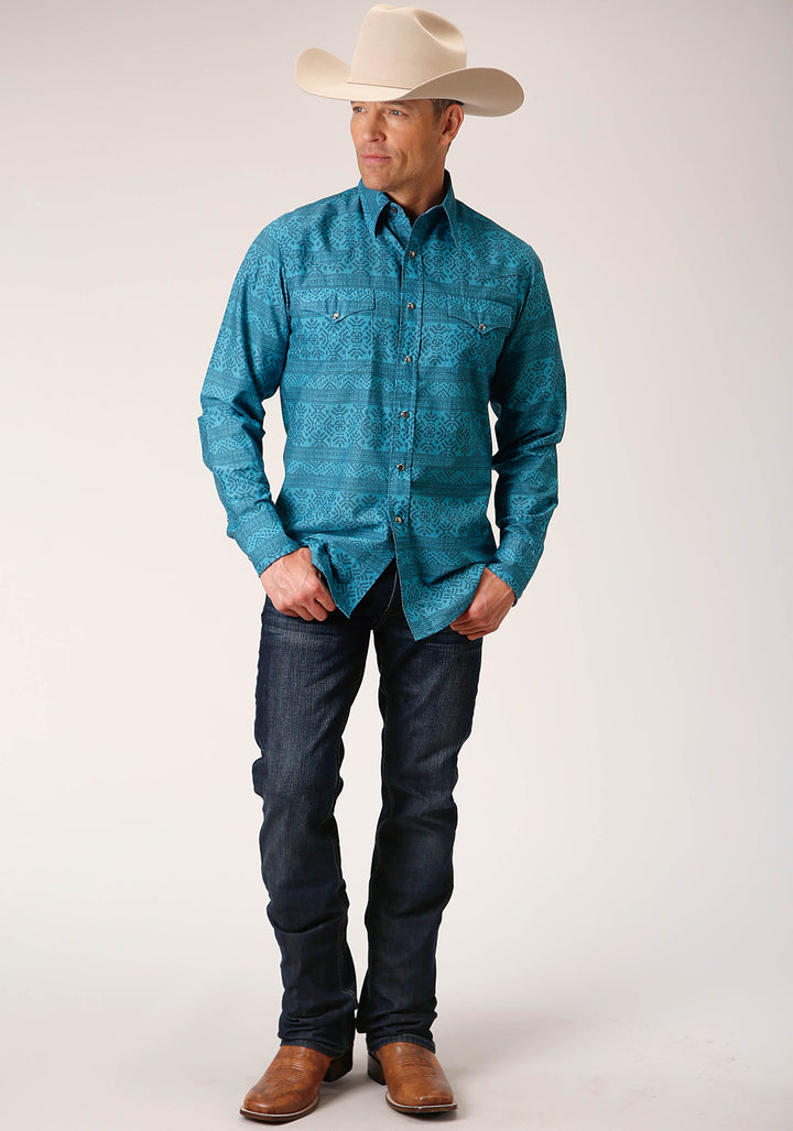 MENS LONG SLEEVE SNAP TEXTURE AZTEC PRINT WESTERN SHIRT