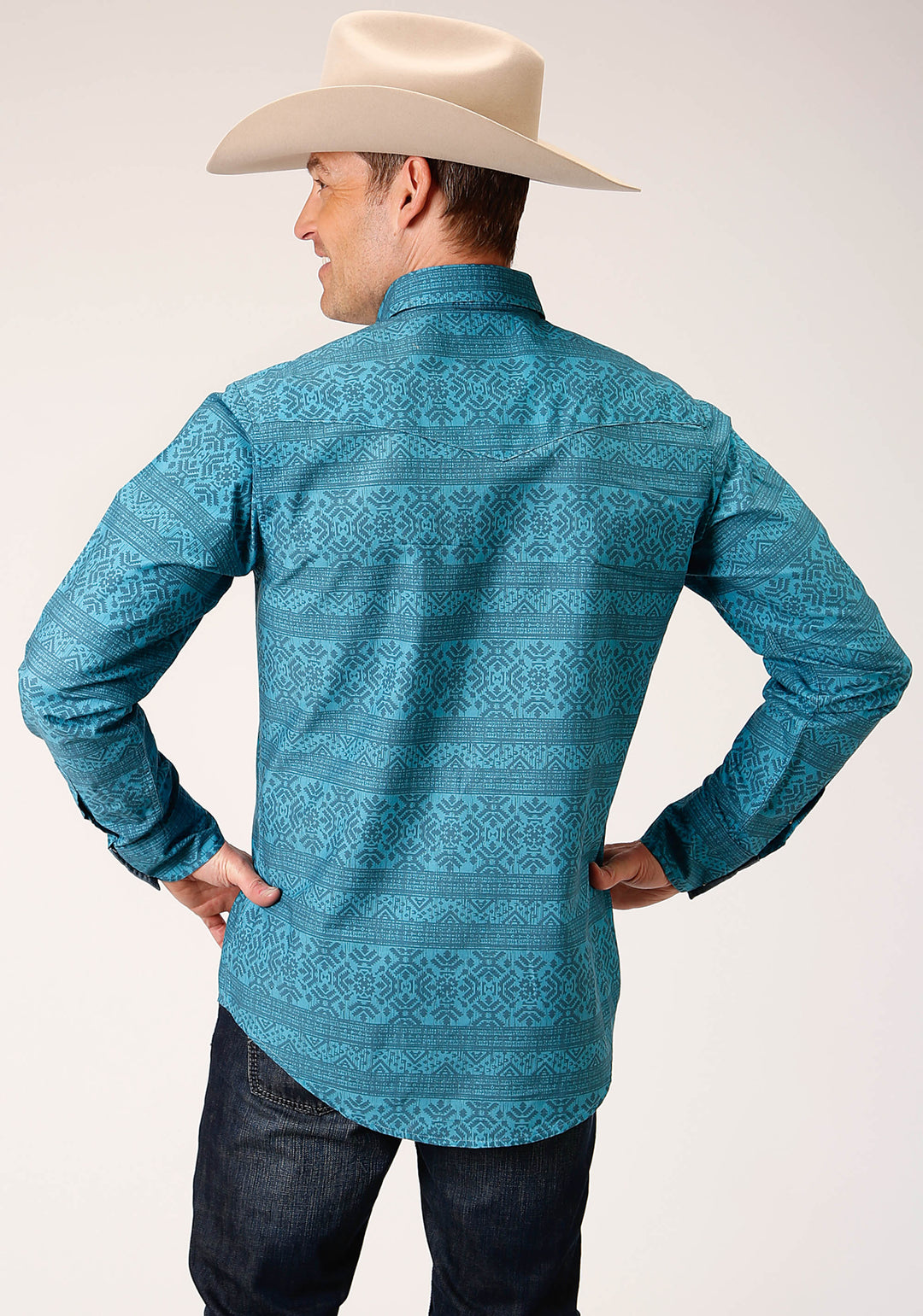MENS LONG SLEEVE SNAP TEXTURE AZTEC PRINT WESTERN SHIRT