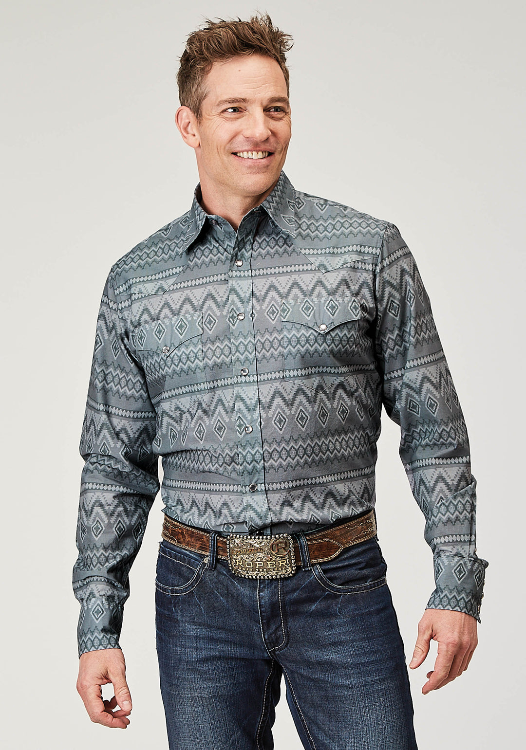 MENS LONG SLEEVE SNAP RIVER AZTEC PRINT WESTERN SHIRT