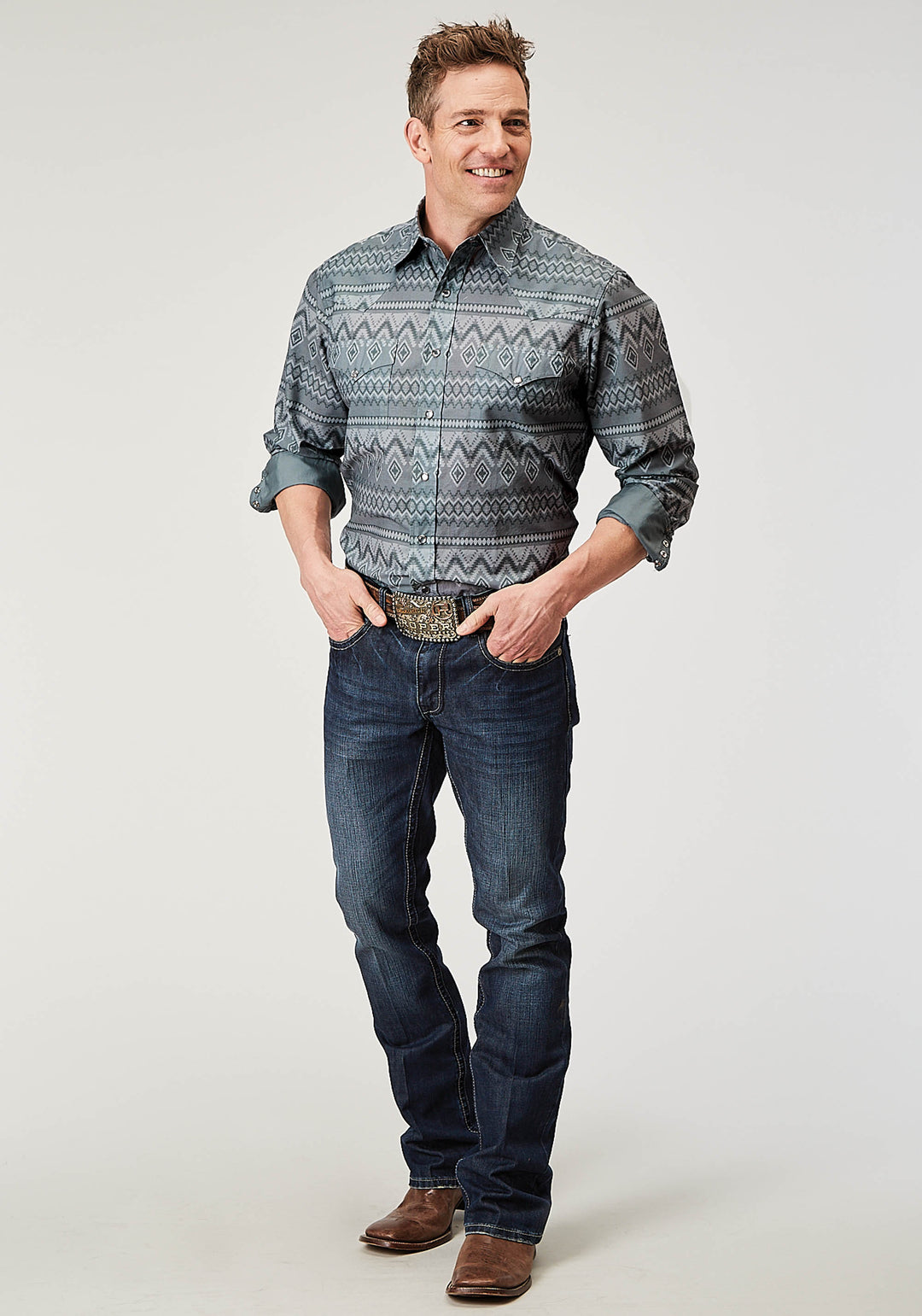 MENS LONG SLEEVE SNAP RIVER AZTEC PRINT WESTERN SHIRT
