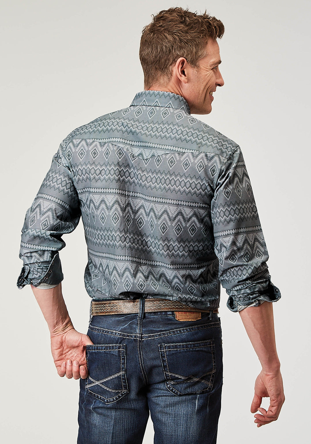 MENS LONG SLEEVE SNAP RIVER AZTEC PRINT WESTERN SHIRT