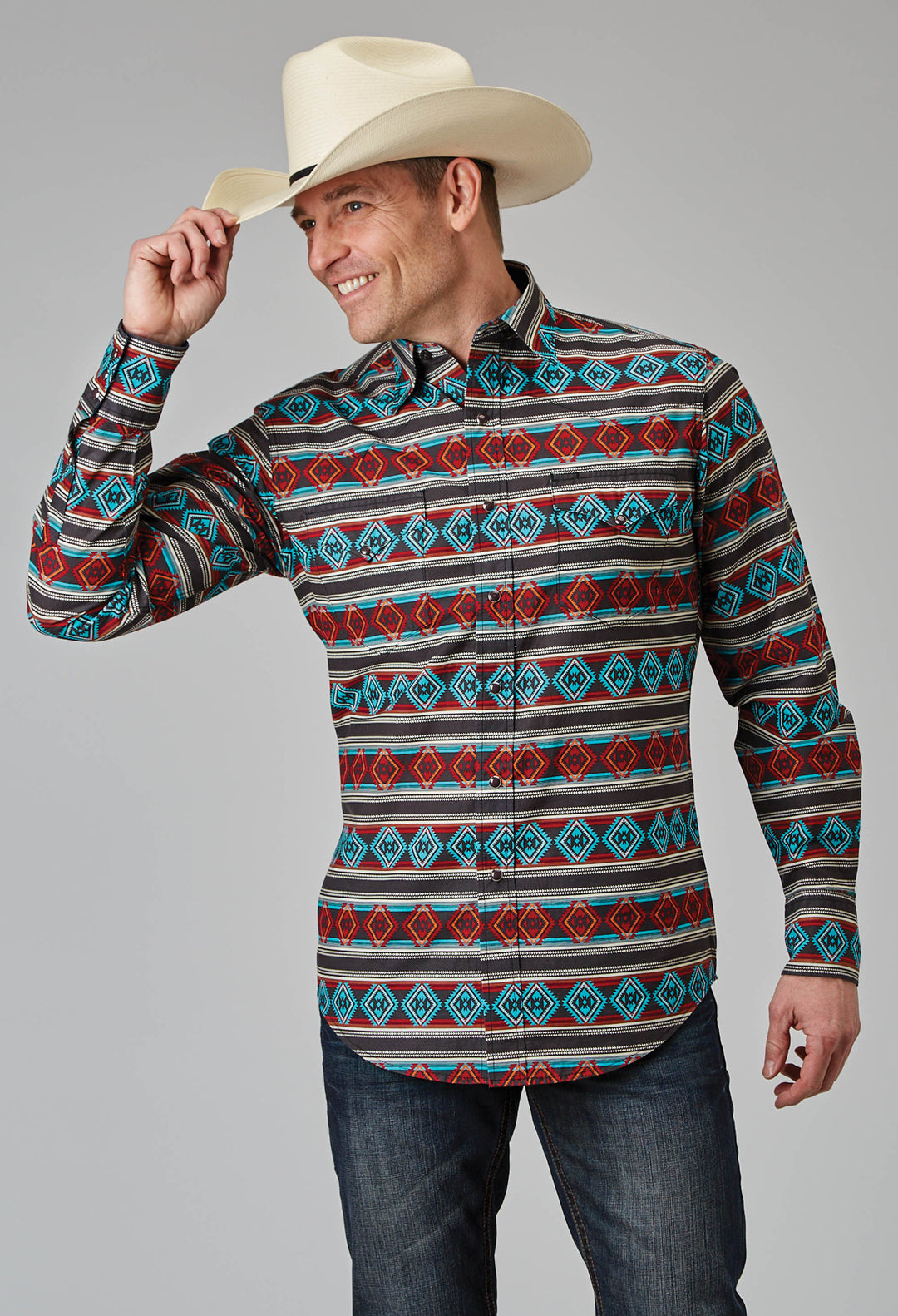 MENS LONG SLEEVE SNAP AZTEC STRIPE PRINT WESTERN SHIRT