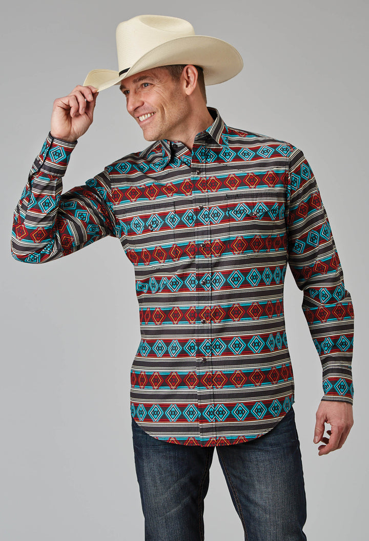 MENS LONG SLEEVE SNAP AZTEC STRIPE PRINT WESTERN SHIRT