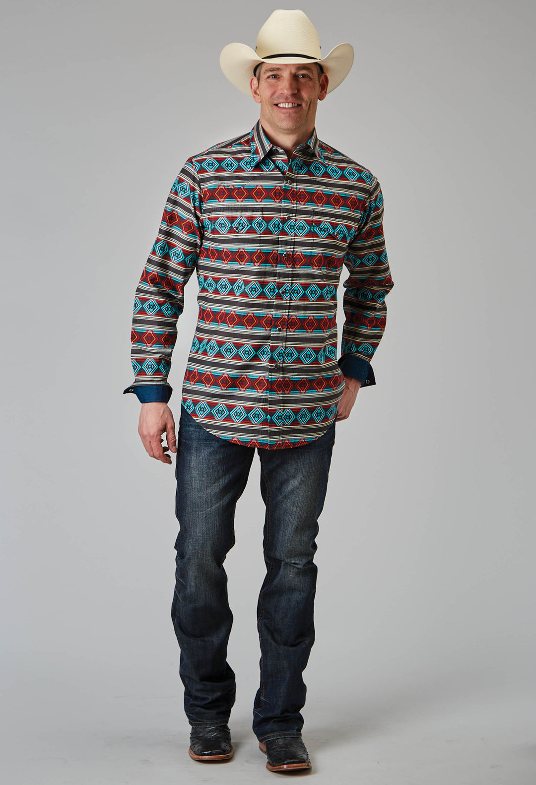 MENS LONG SLEEVE SNAP AZTEC STRIPE PRINT WESTERN SHIRT