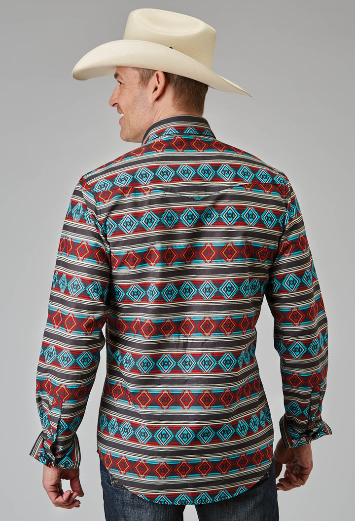 MENS LONG SLEEVE SNAP AZTEC STRIPE PRINT WESTERN SHIRT