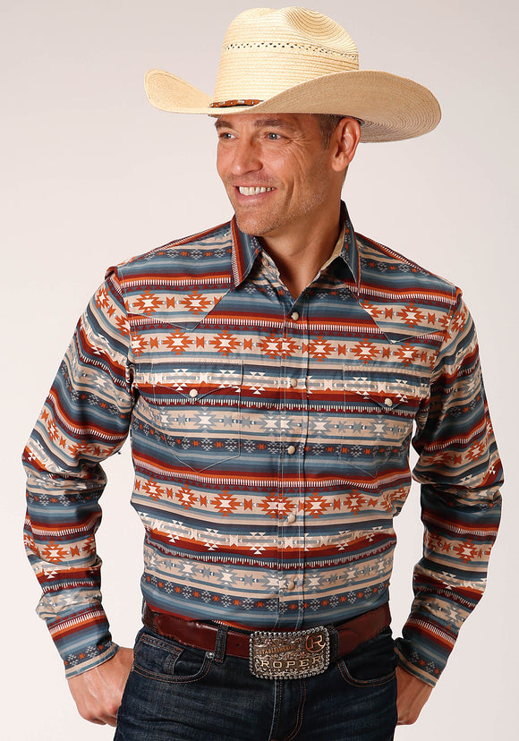 MENS LONG SLEEVE SNAP SANDSTONE AZTEC PRINT WESTERN SHIRT