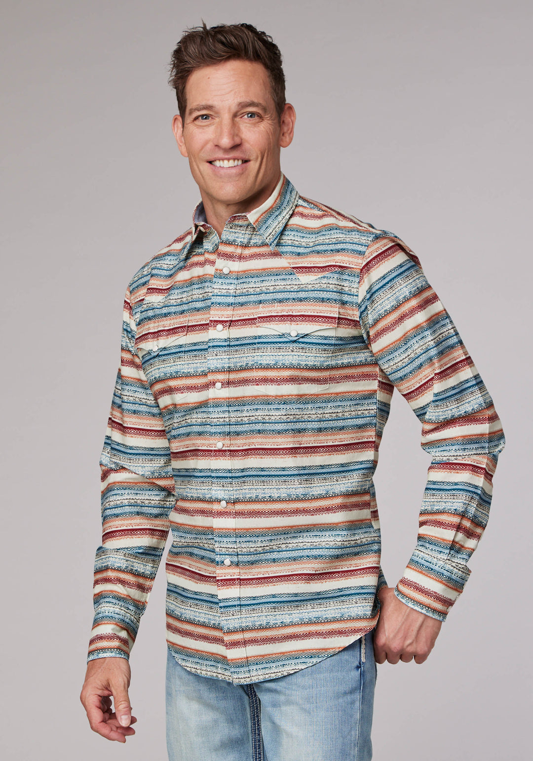 MENS LONG SLEEVE SNAP DISTRESSED AZTEC PRINT WESTERN SHIRT