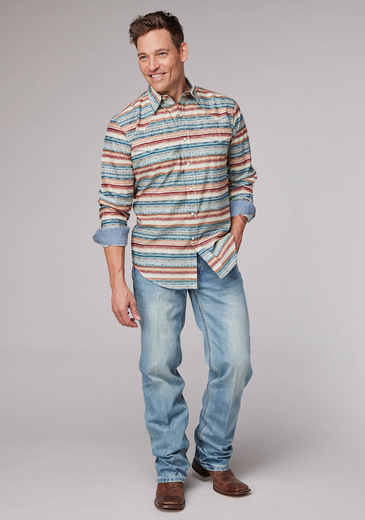 MENS LONG SLEEVE SNAP DISTRESSED AZTEC PRINT WESTERN SHIRT