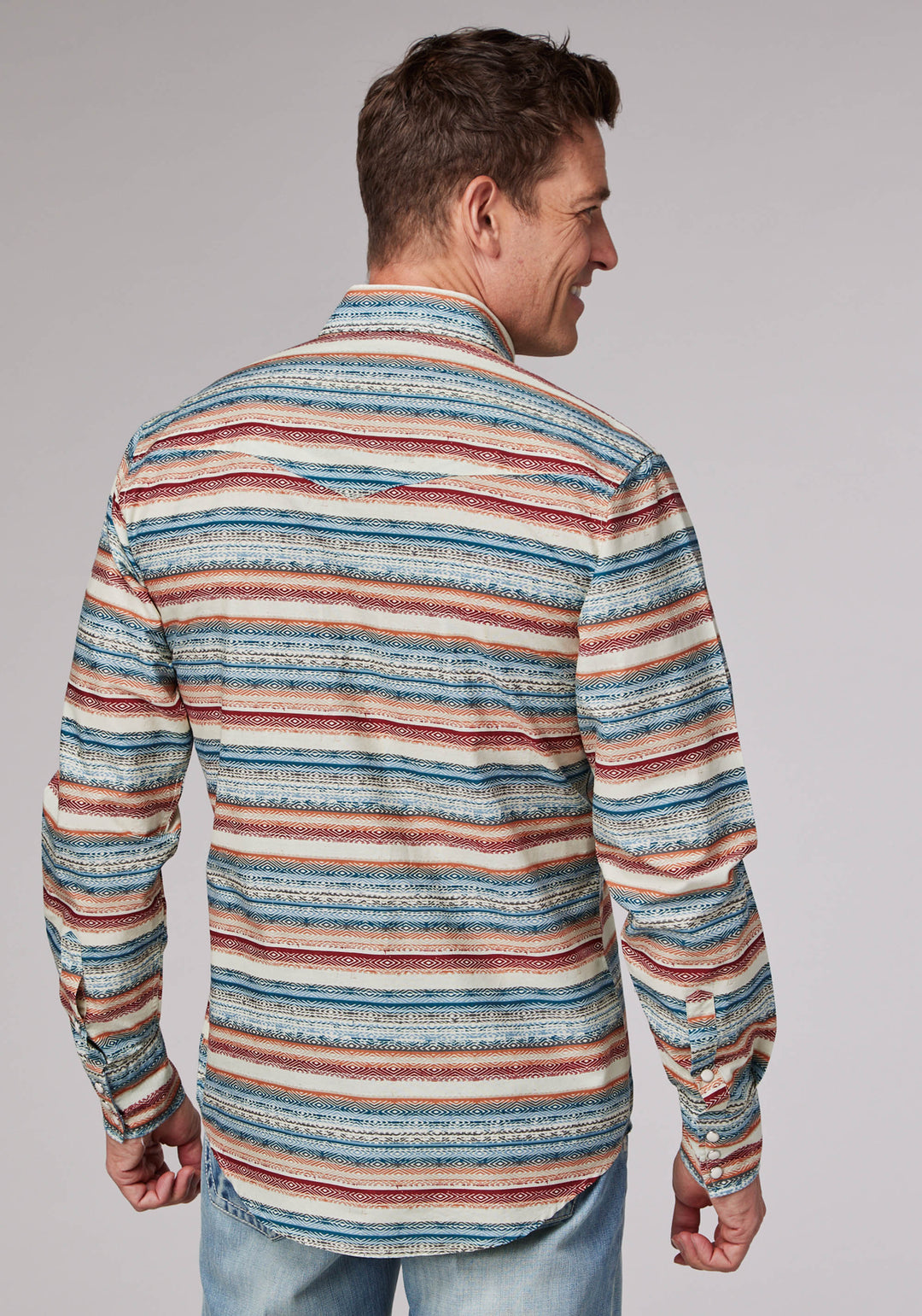 MENS LONG SLEEVE SNAP DISTRESSED AZTEC PRINT WESTERN SHIRT