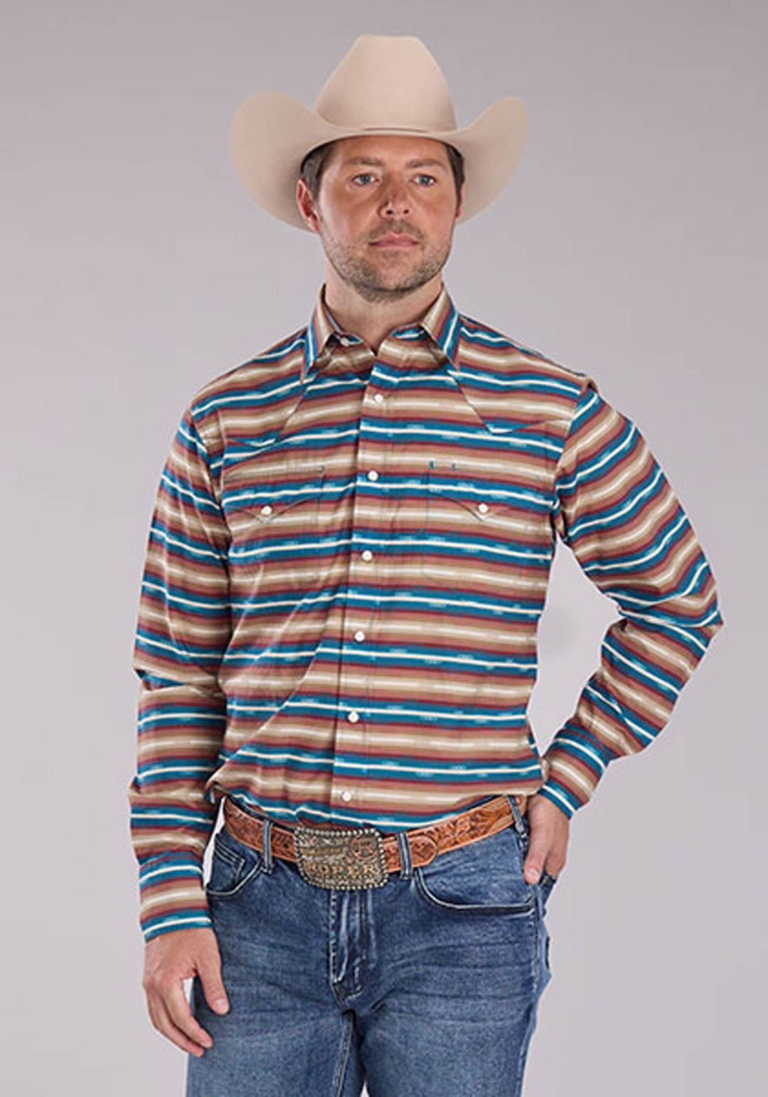 MENS MINI AZTEC STRIPE LONG SLEEVE SNAP WESTERN SHIRT