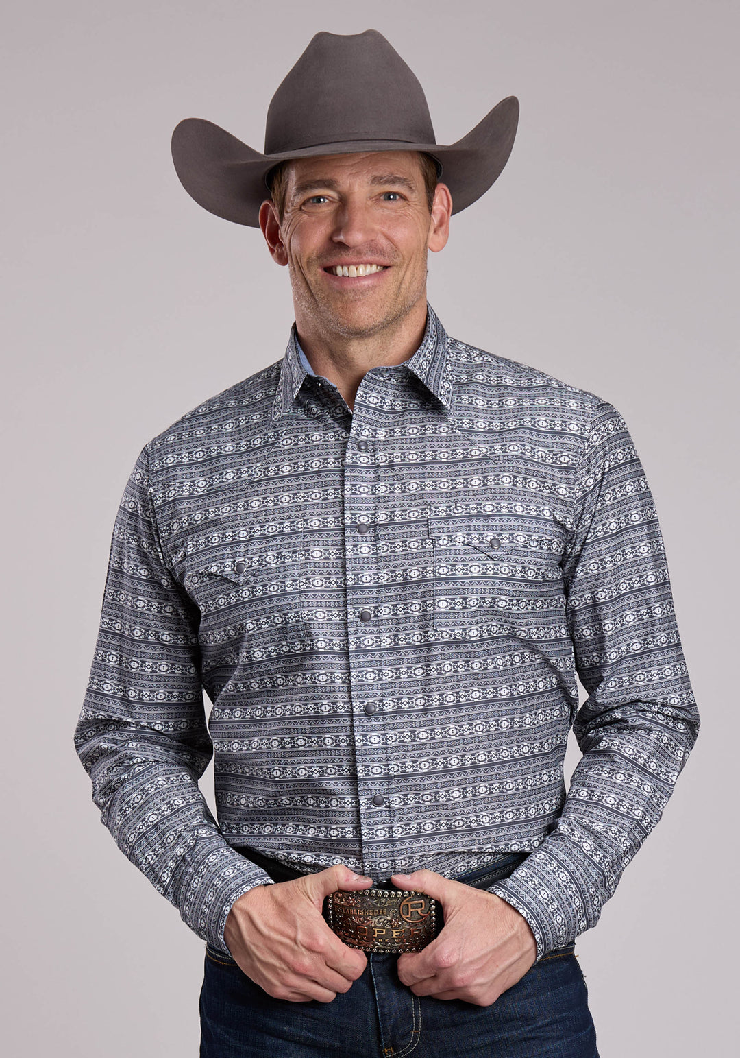 MENS ROPER HORIZONTAL AZTEC BLANKET PRINT LONG SLEEVE SNAP SHIRT