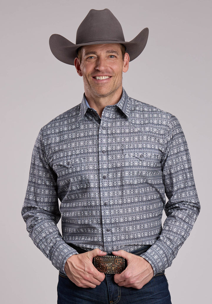 MENS ROPER HORIZONTAL AZTEC BLANKET PRINT LONG SLEEVE SNAP SHIRT