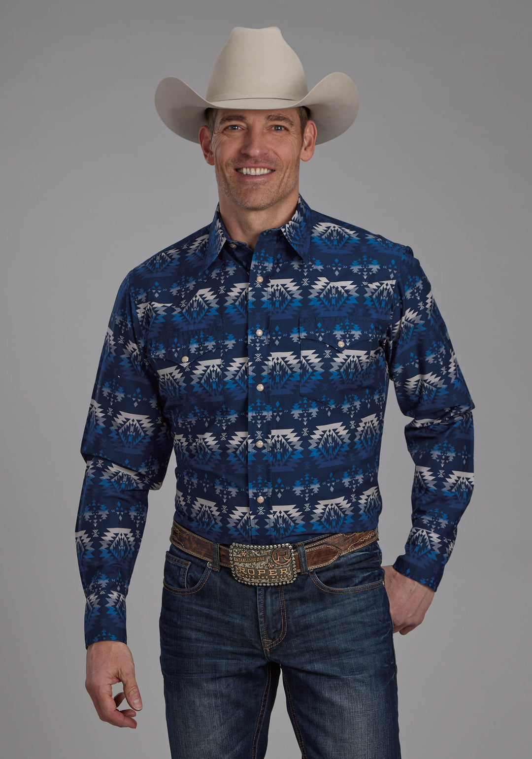 MENS OMBRE AZTEC PRINT LONG SLEEVE SNAP WESTERN SHIRT