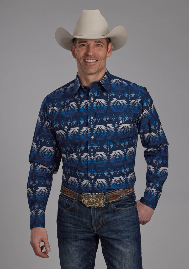 MENS OMBRE AZTEC PRINT LONG SLEEVE SNAP WESTERN SHIRT