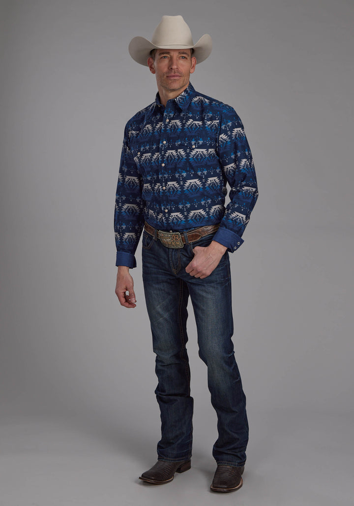 MENS OMBRE AZTEC PRINT LONG SLEEVE SNAP WESTERN SHIRT