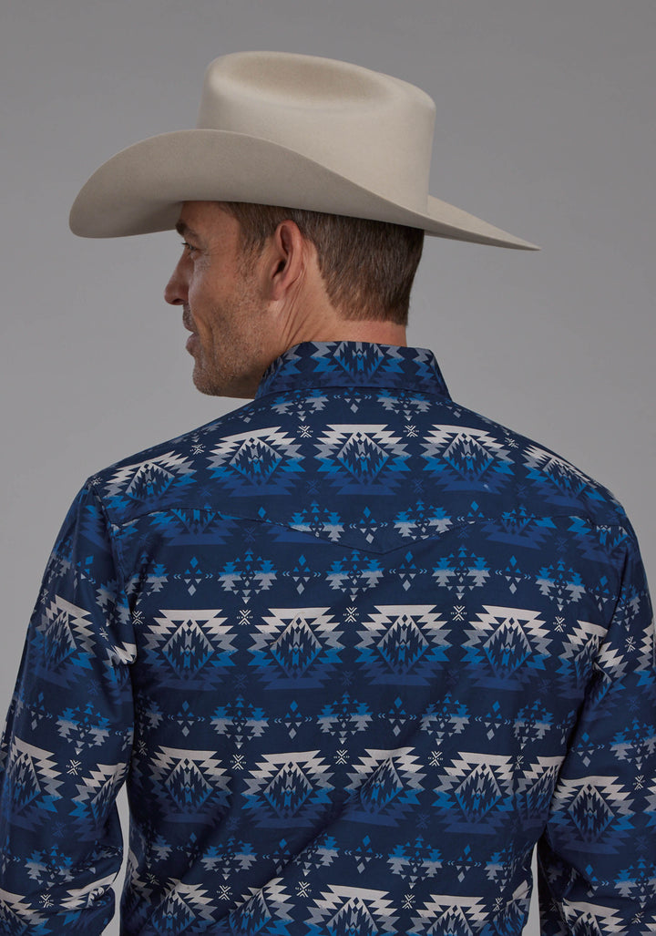 MENS OMBRE AZTEC PRINT LONG SLEEVE SNAP WESTERN SHIRT